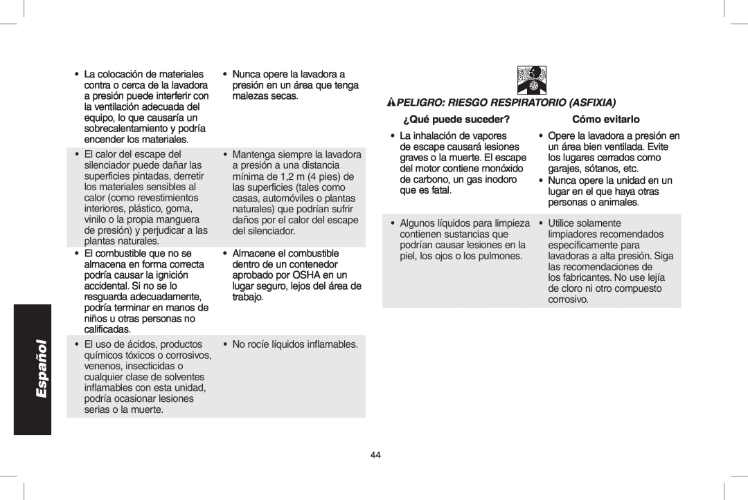 DeWalt DPH3100 instruction manual PELIGRO RIESGO RESPIRATORIO asfixia, Español, ¿Qué puede suceder?, Cómo evitarlo 