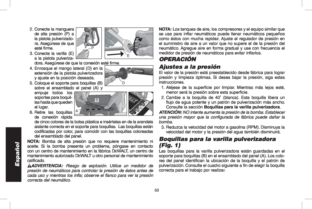 DeWalt DPH3100 instruction manual OPERACIÓN Ajustes a la presión, Boquillas para la varilla pulverizadora Fig, Español 