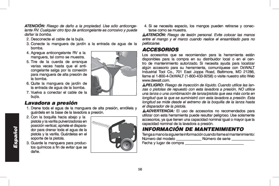 DeWalt DPH3100 instruction manual Lavadora a presión, Accesorios, Información De Mantenimiento, Español 