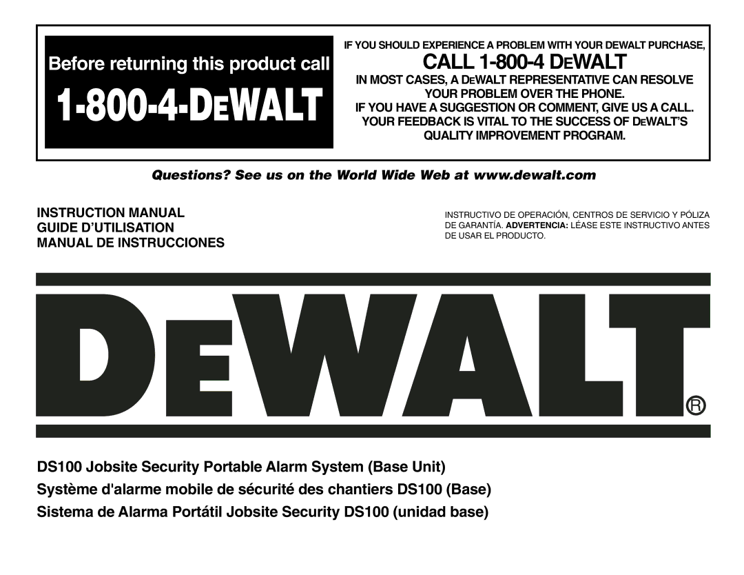 DeWalt DS100, DS200 instruction manual Dewalt 