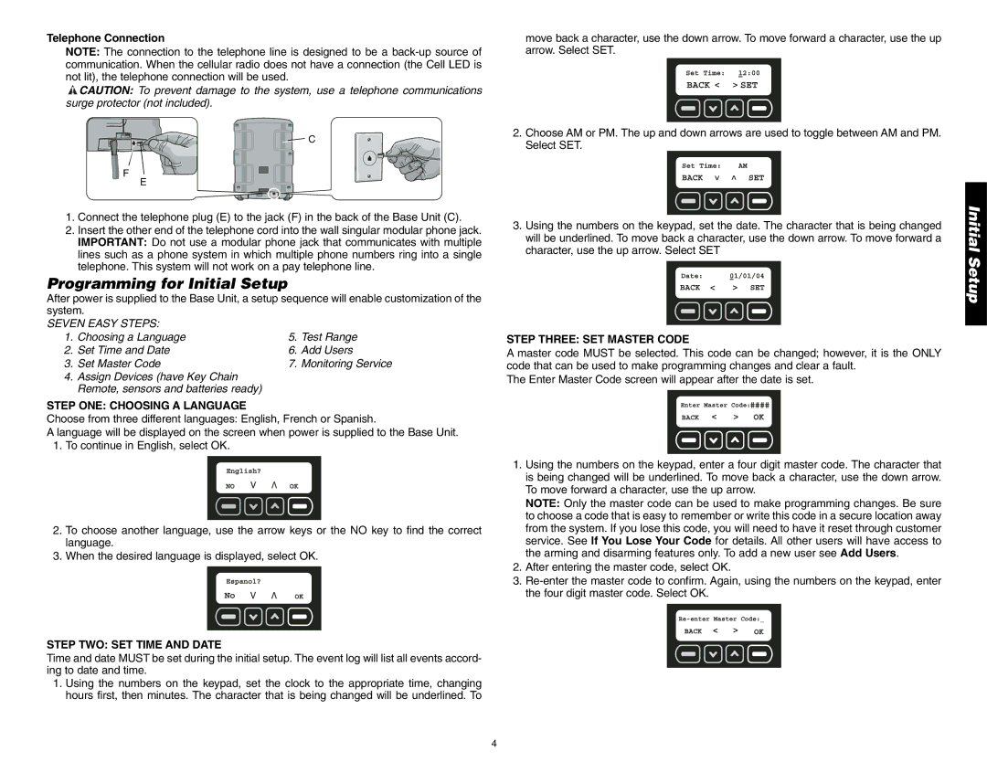 DeWalt DS100 Programming for Initial Setup, Telephone Connection, Step ONE Choosing a Language, Step TWO SET Time and Date 