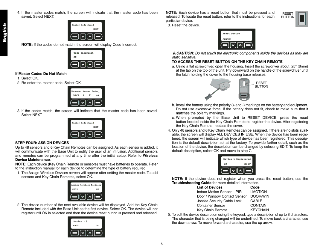 DeWalt DS200 If Master Codes Do Not Match, Step Four Assign Devices, To Access the Reset Button on the KEY Chain Remote 