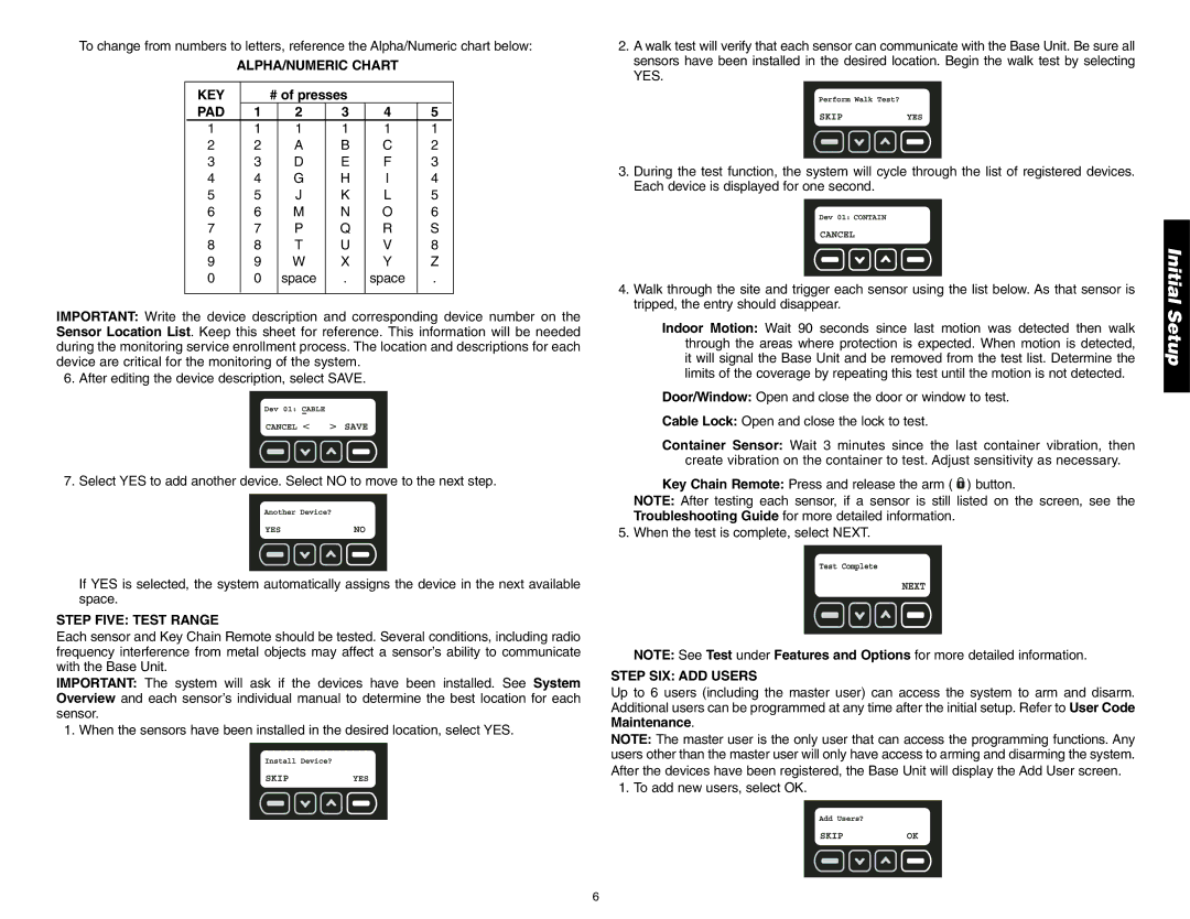 DeWalt DS100, DS200 instruction manual ALPHA/NUMERIC Chart KEY, # of presses, Pad, Step Five Test Range, Step SIX ADD Users 