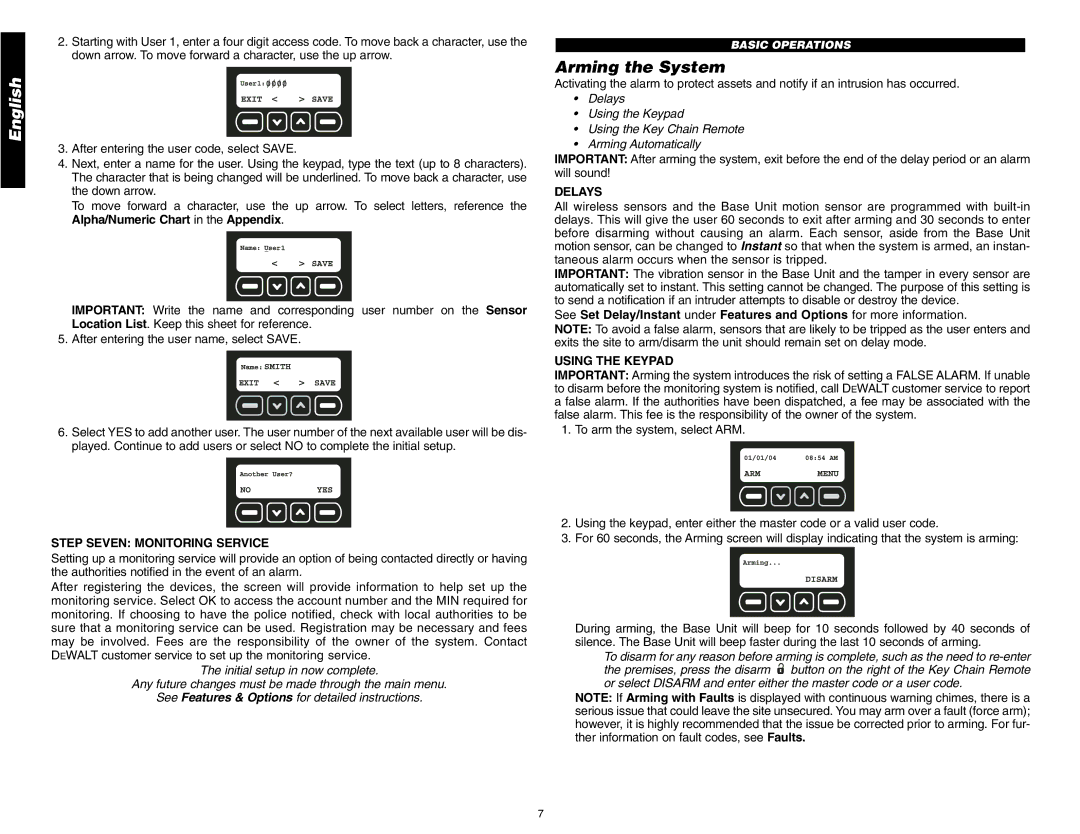 DeWalt DS200, DS100 instruction manual Arming the System, Step Seven Monitoring Service, Delays, Using the Keypad 