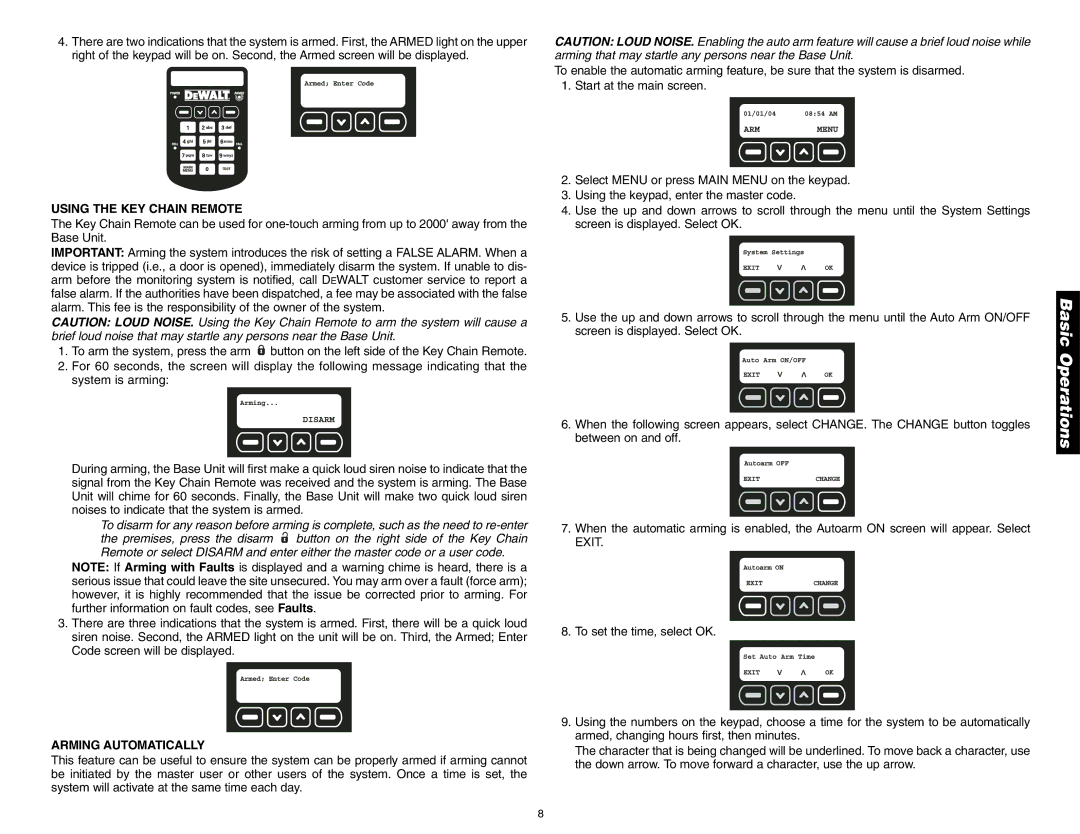 DeWalt DS100, DS200 instruction manual Using the KEY Chain Remote, Arming Automatically 