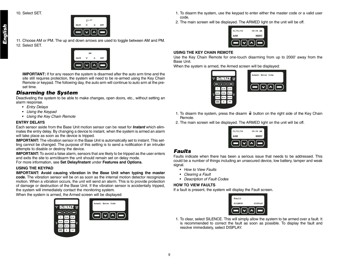 DeWalt DS200, DS100 instruction manual Disarming the System, Entry Delays, HOW to View Faults 