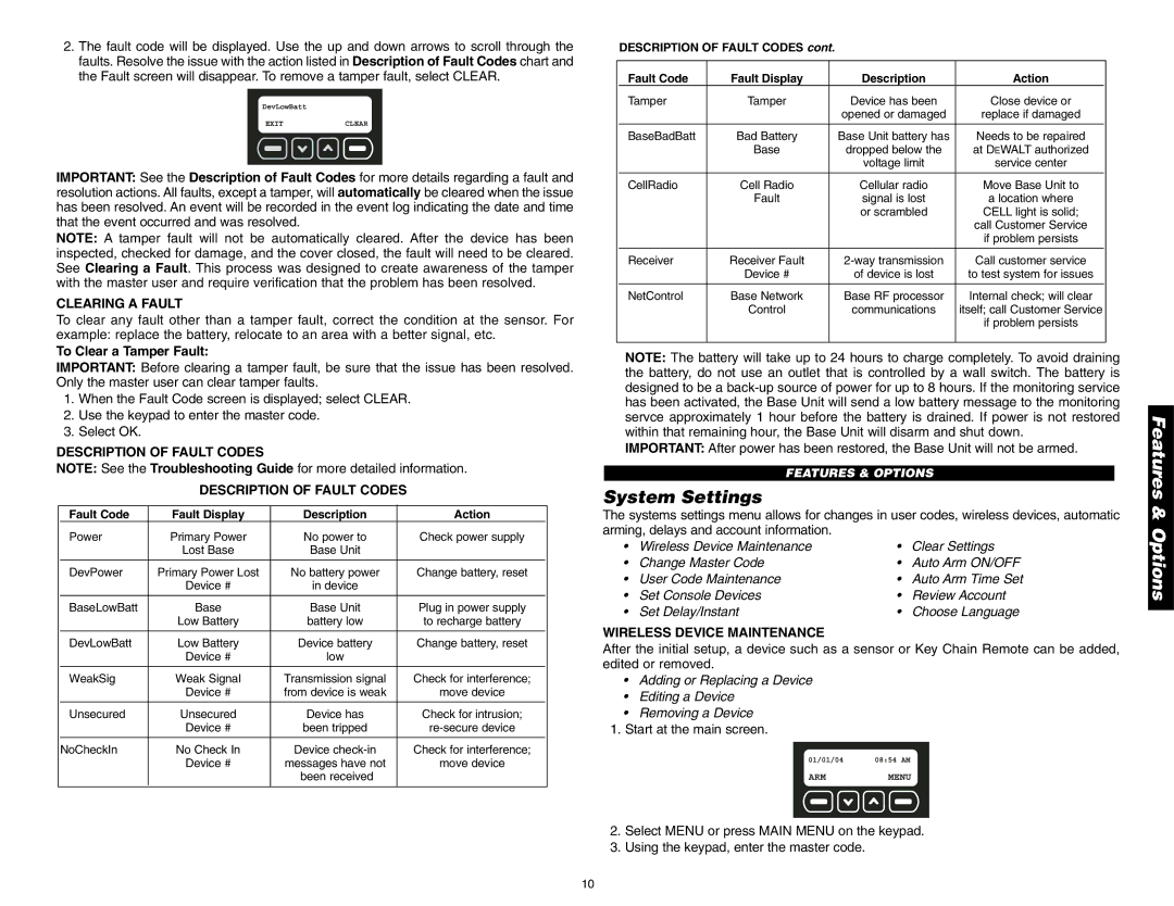 DeWalt DS100, DS200 System Settings, Clearing a Fault, To Clear a Tamper Fault, Description of Fault Codes 