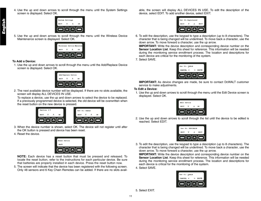 DeWalt DS200, DS100 instruction manual To Add a Device, To Edit a Device 