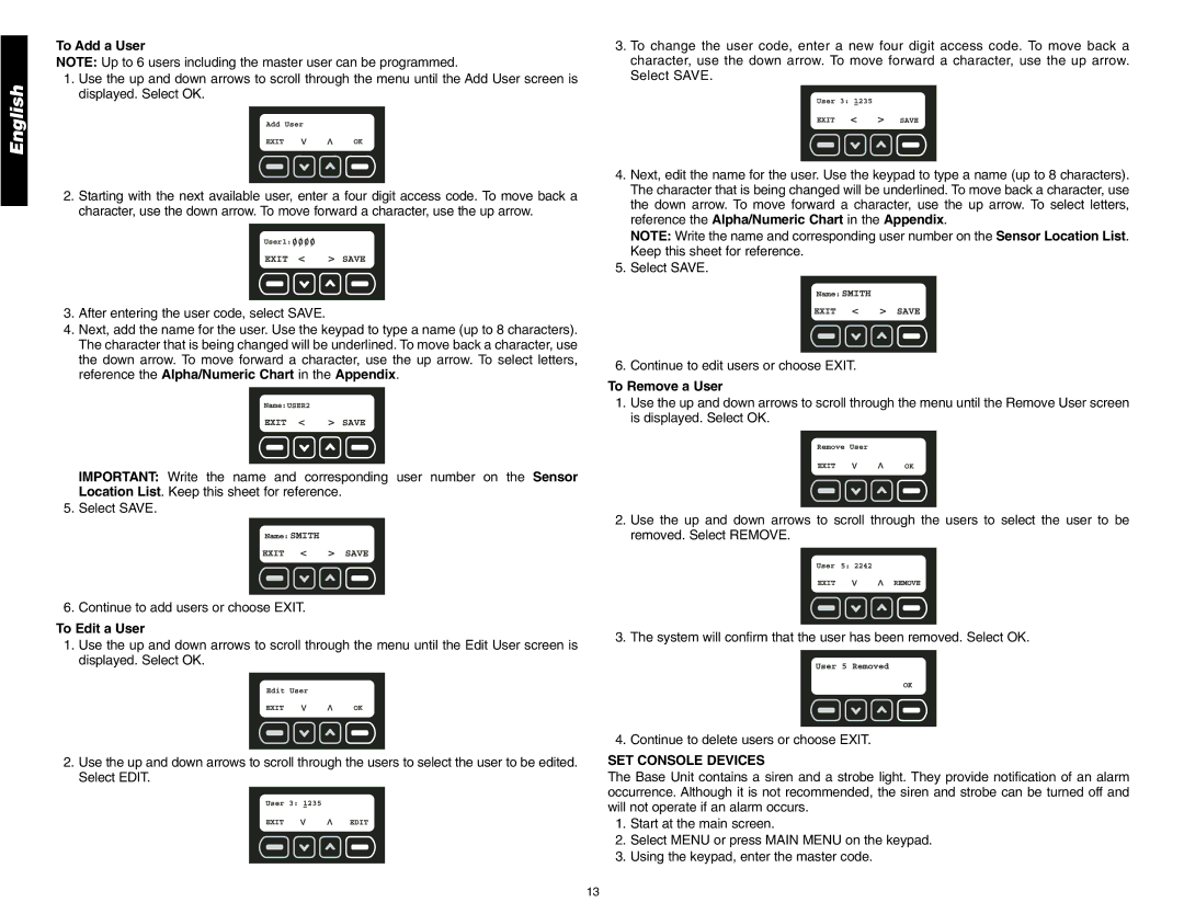 DeWalt DS200, DS100 instruction manual To Add a User, To Edit a User, To Remove a User, SET Console Devices 