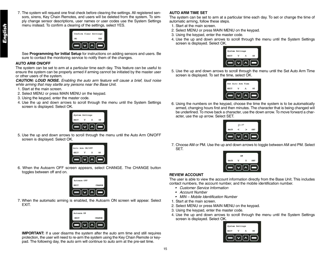 DeWalt DS200, DS100 instruction manual Auto ARM ON/OFF, Auto ARM Time SET, Review Account 