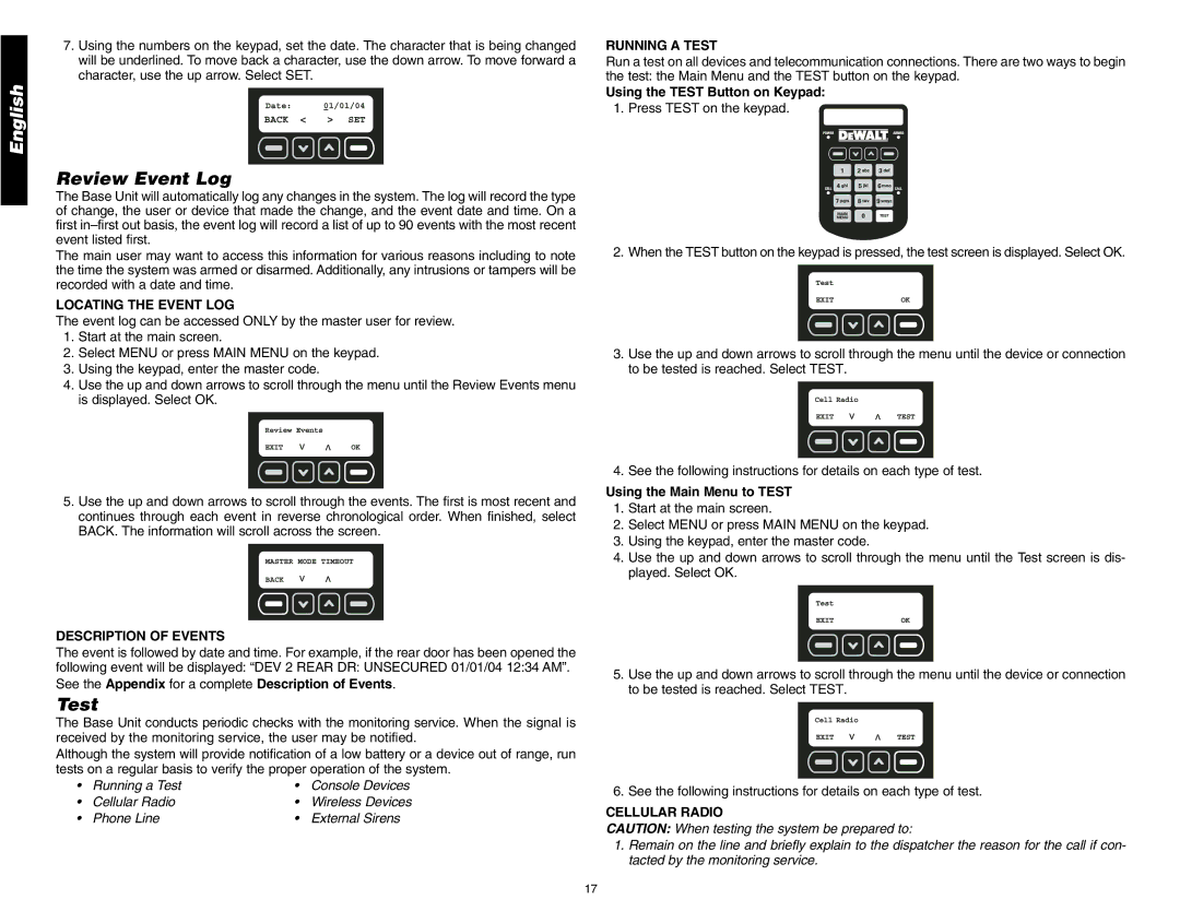 DeWalt DS200, DS100 instruction manual Review Event Log, Test 