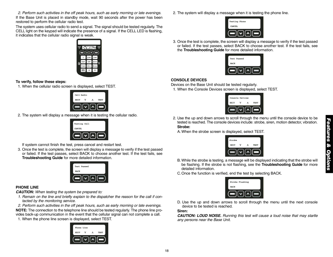 DeWalt DS100, DS200 instruction manual To verify, follow these steps, Phone Line, Console Devices, Strobe, Siren 