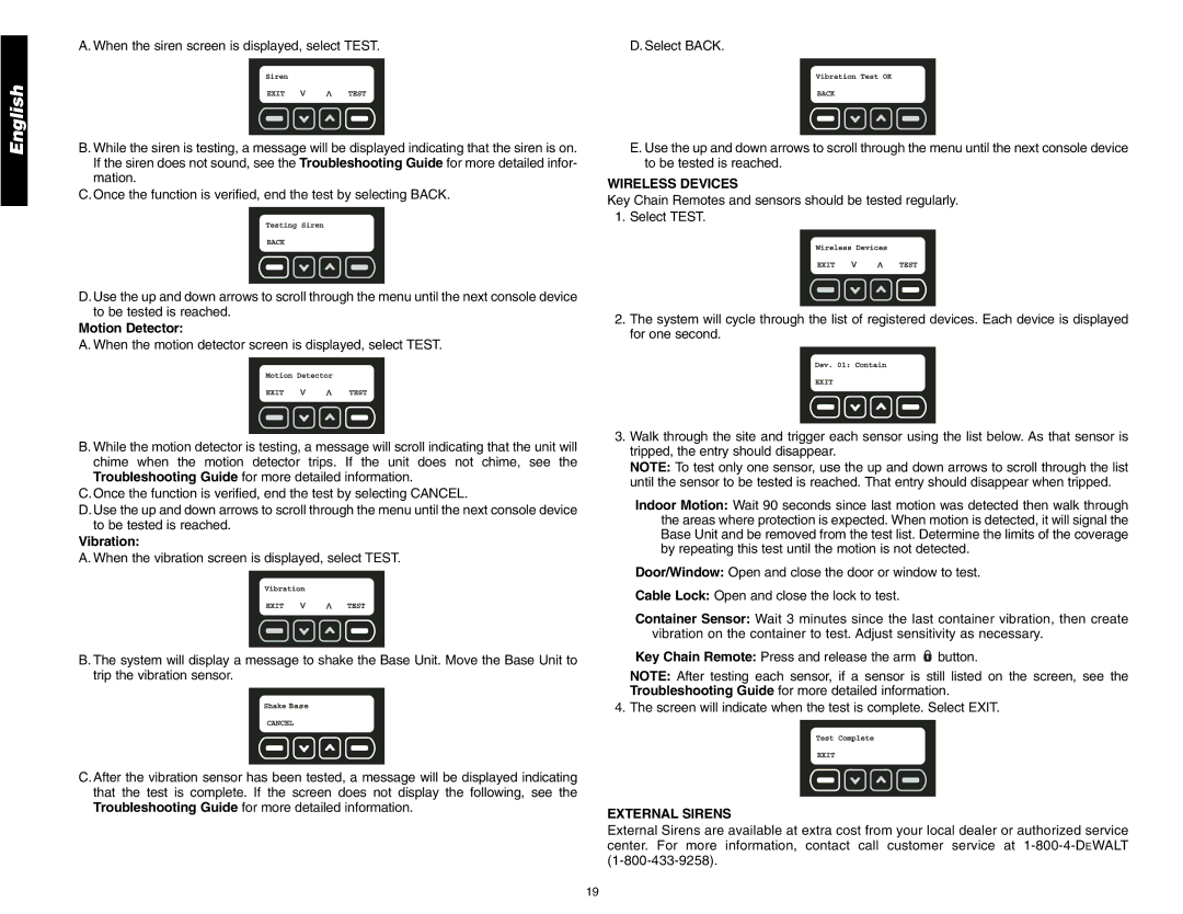 DeWalt DS200, DS100 instruction manual Motion Detector, Wireless Devices, External Sirens 
