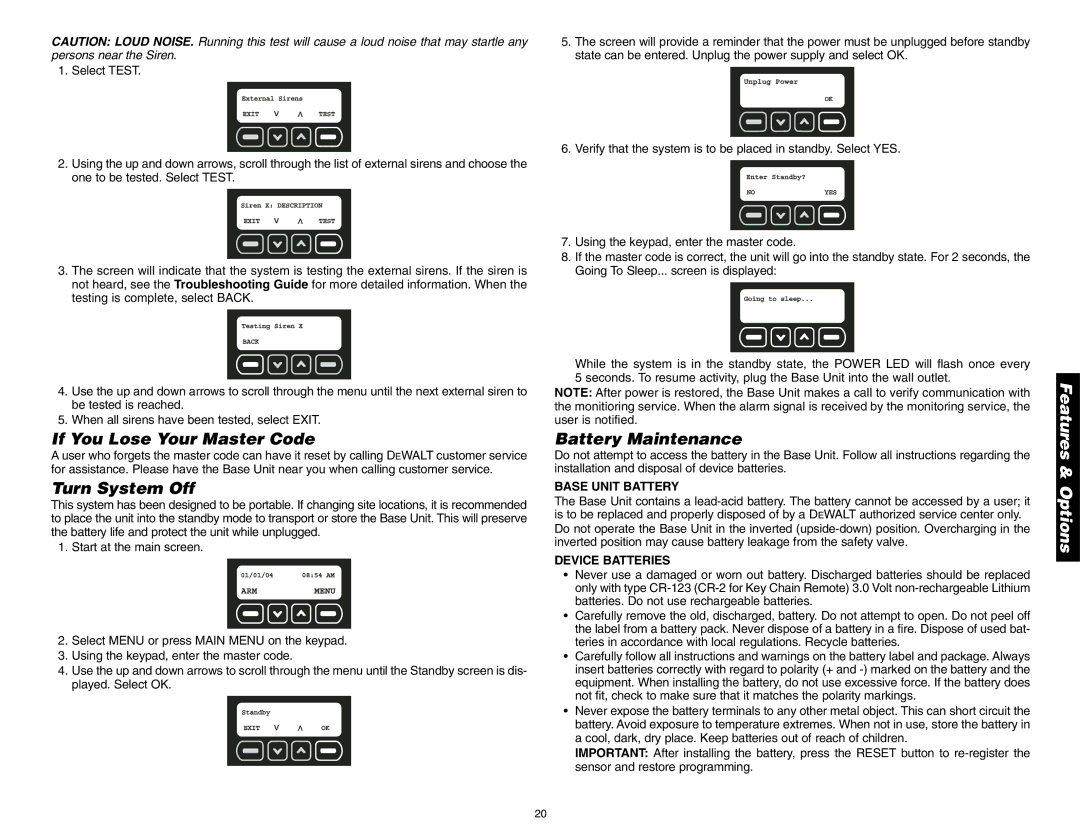 DeWalt DS100 If You Lose Your Master Code, Turn System Off, Battery Maintenance, Base Unit Battery, Device Batteries 