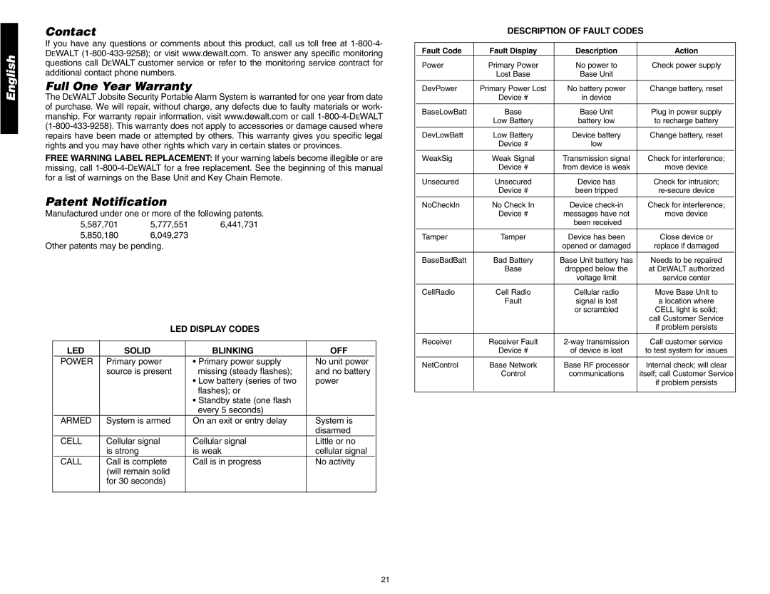 DeWalt DS200, DS100 instruction manual Contact Full One Year Warranty, Patent Notification 