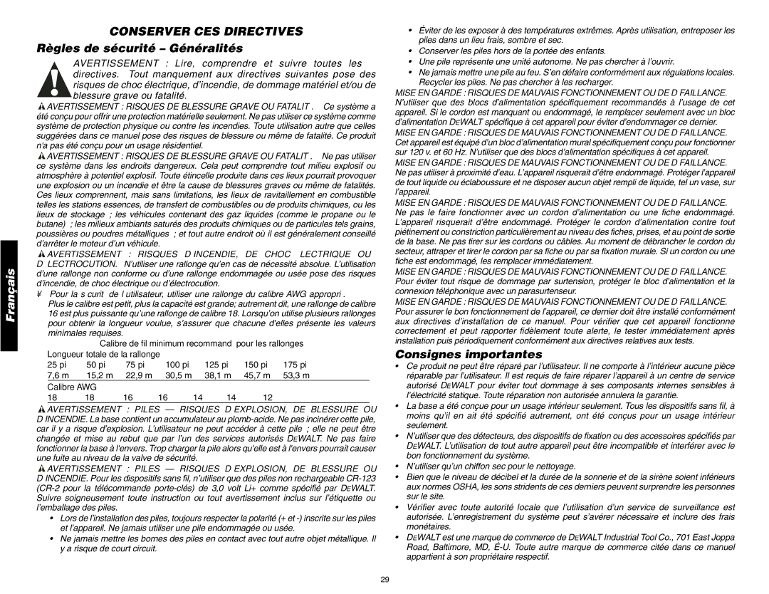 DeWalt DS200, DS100 instruction manual Règles de sécurité Généralités, Consignes importantes, Calibre AWG 