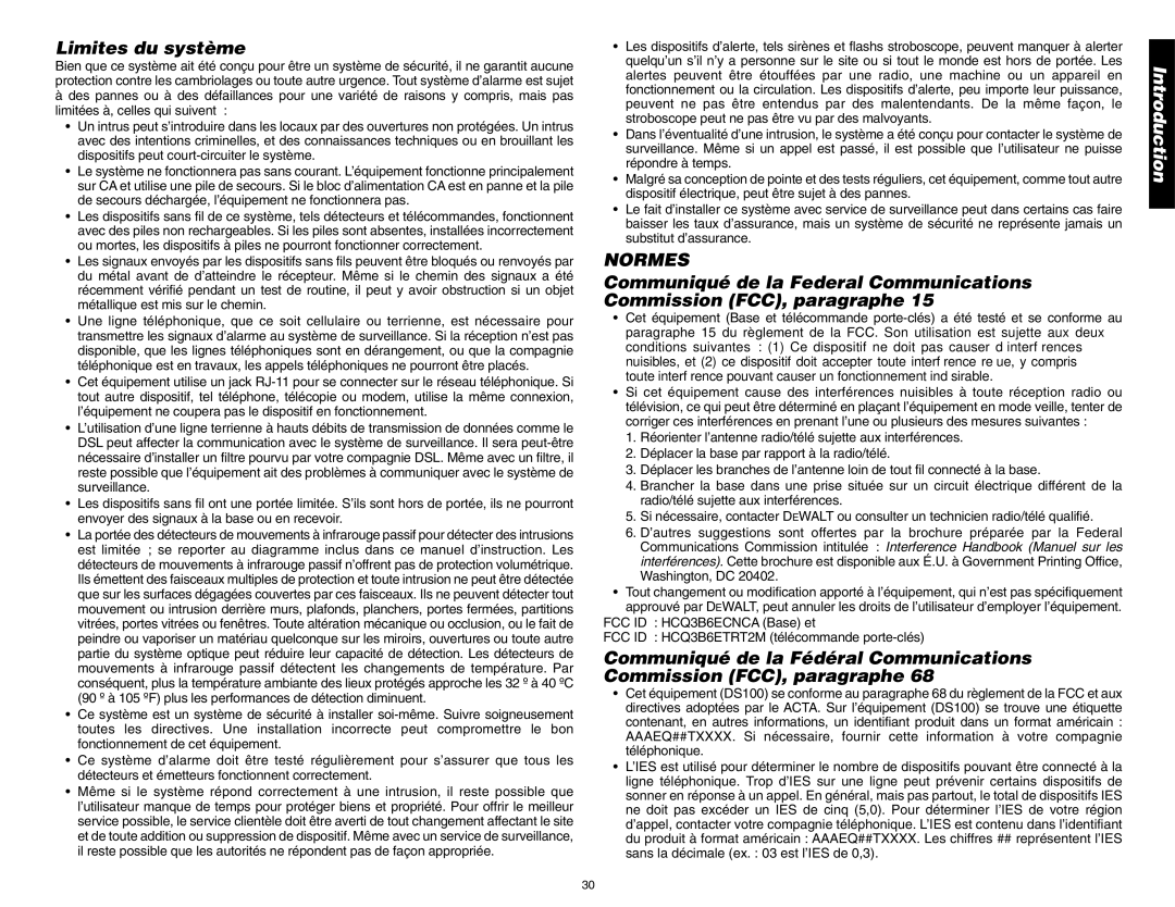 DeWalt DS100, DS200 instruction manual Limites du système, Normes 