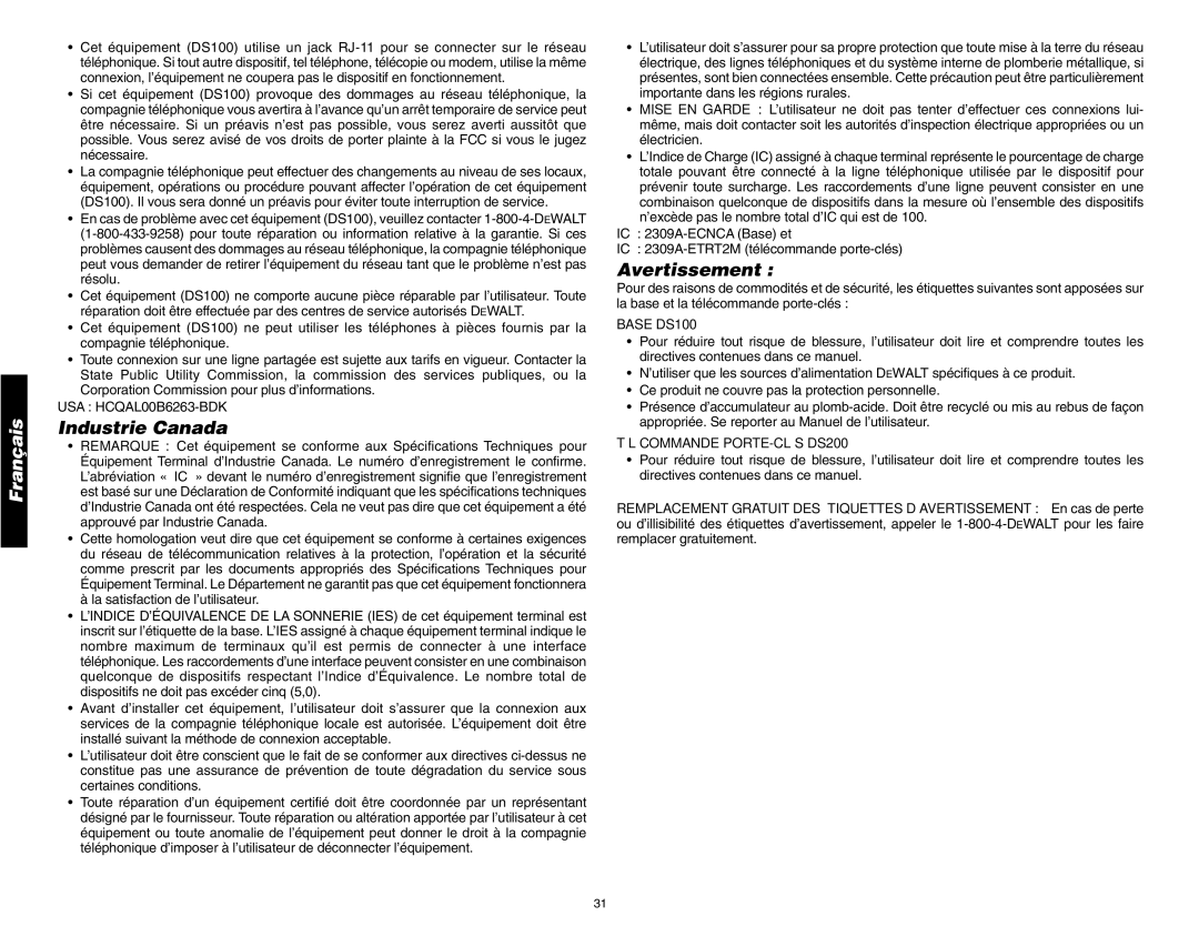 DeWalt instruction manual Industrie Canada, Avertissement, Base DS100, Télécommande PORTE-CLÉS DS200 