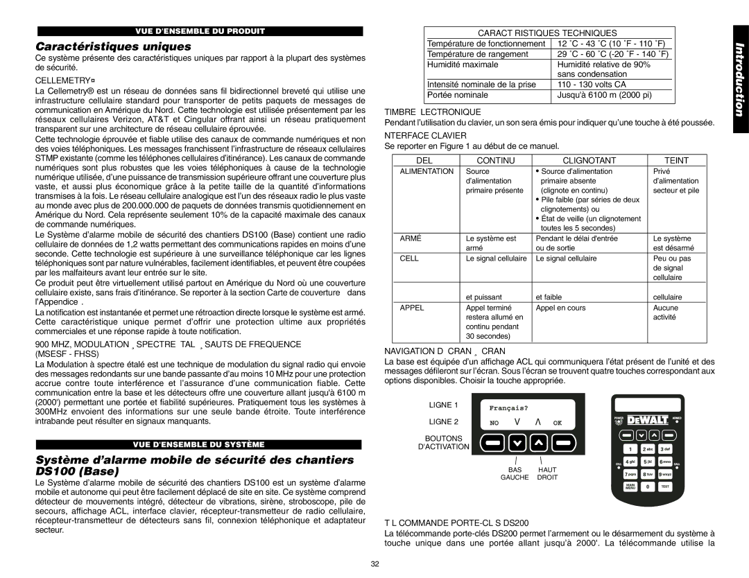 DeWalt DS100, DS200 instruction manual Caractéristiques uniques 