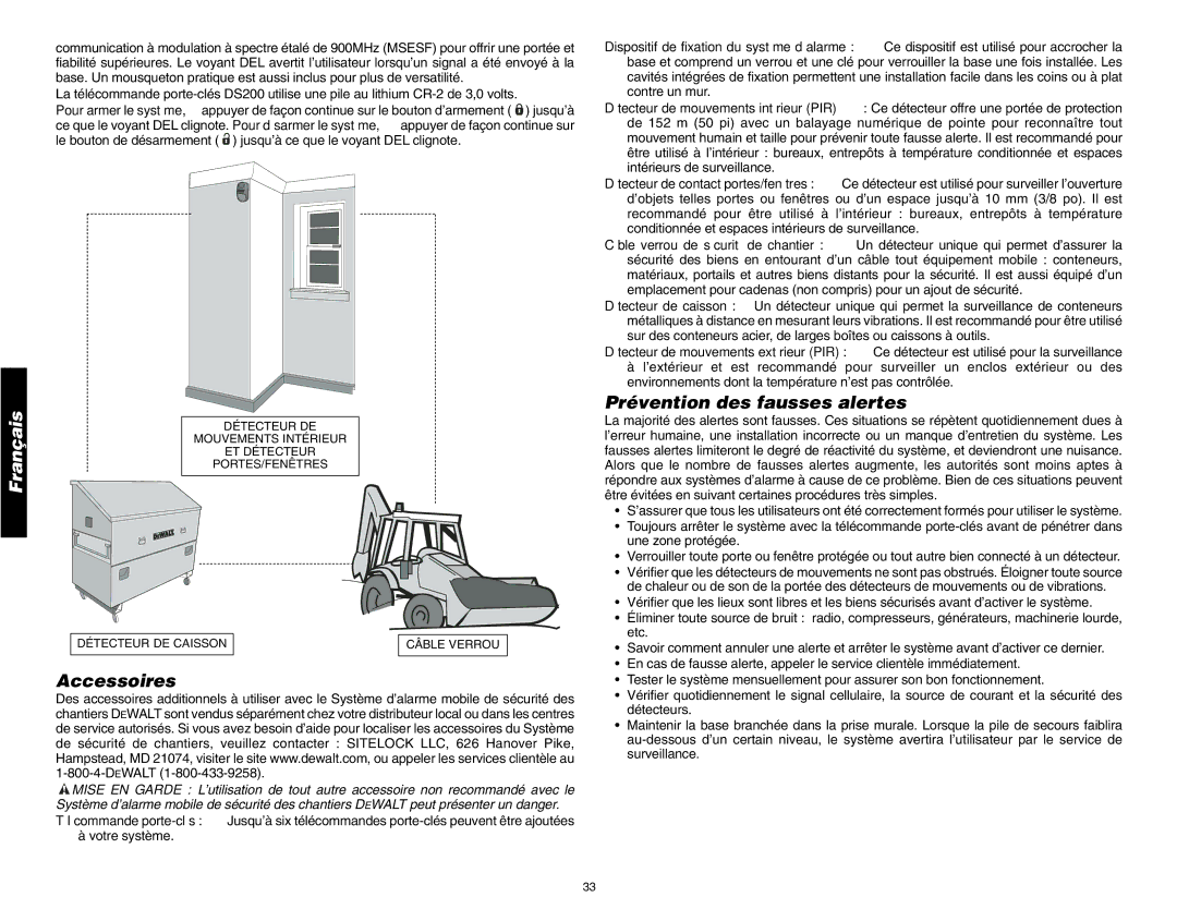 DeWalt DS200, DS100 instruction manual Accessoires, Prévention des fausses alertes 