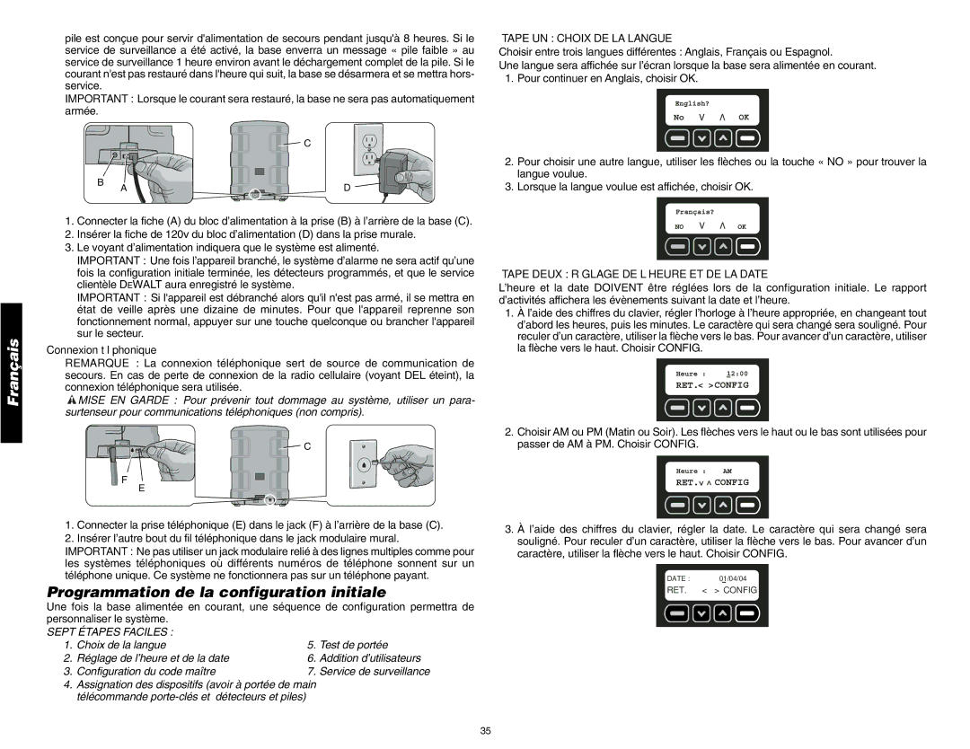 DeWalt DS200, DS100 Programmation de la configuration initiale, Connexion téléphonique, Étape UN Choix DE LA Langue 