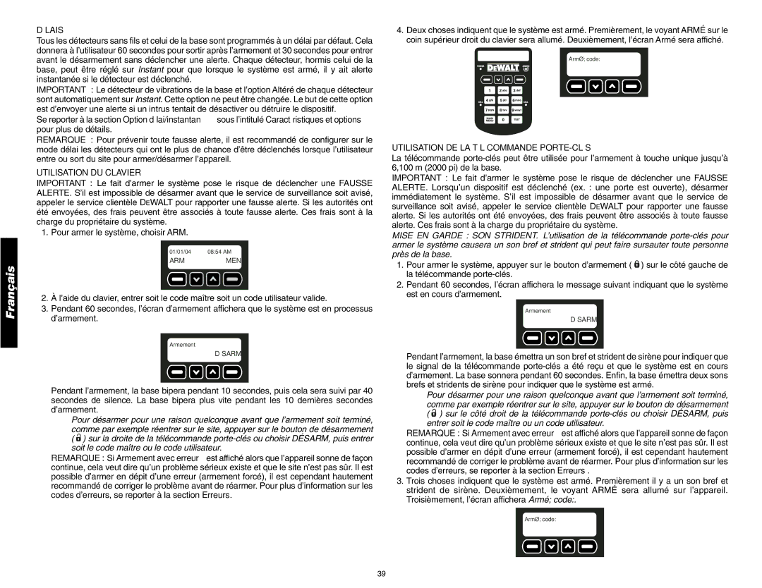 DeWalt DS200, DS100 instruction manual Délais, Utilisation DU Clavier, Utilisation DE LA Télécommande PORTE-CLÉS 