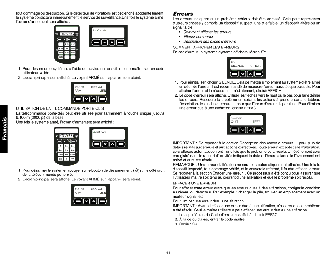 DeWalt DS200, DS100 Comment Afficher LES Erreurs, Effacer UNE Erreur, Pour éliminer une erreur due à une altération 