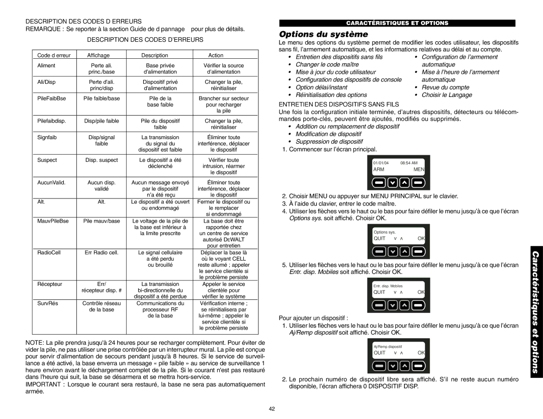 DeWalt DS100, DS200 instruction manual Options du système, Description DES Codes D’ERREURS, Description DES Codes Derreurs 