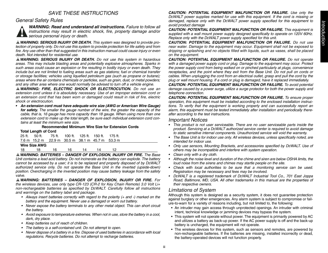 DeWalt DS100, DS200 instruction manual General Safety Rules, Important Notices, Limitations of System 