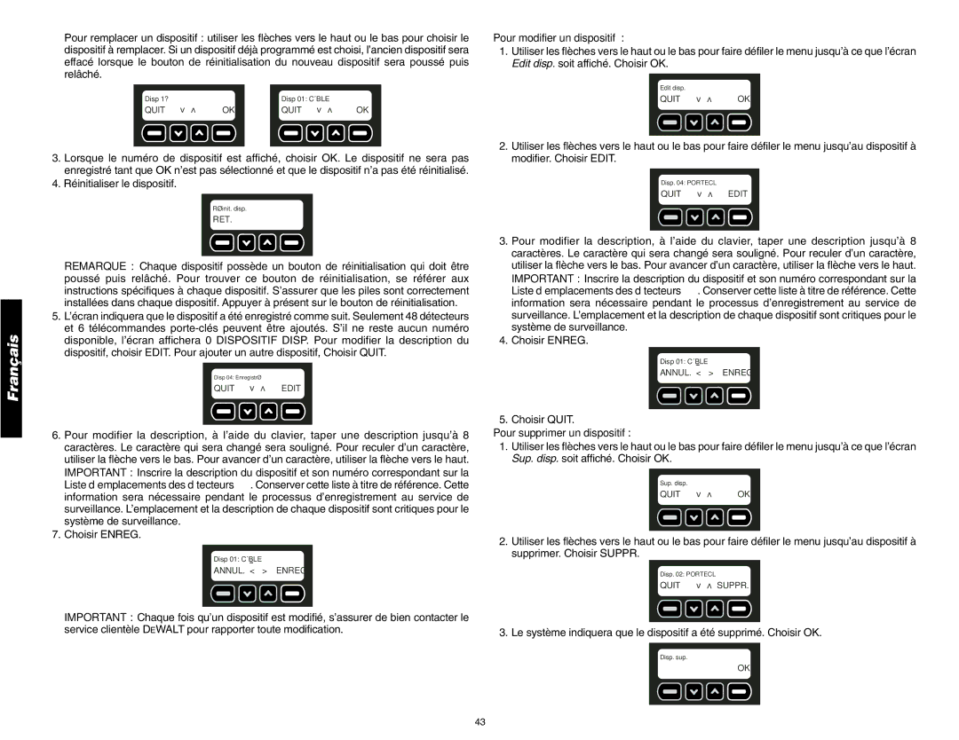 DeWalt DS200, DS100 instruction manual Pour modifier un dispositif, Pour supprimer un dispositif 