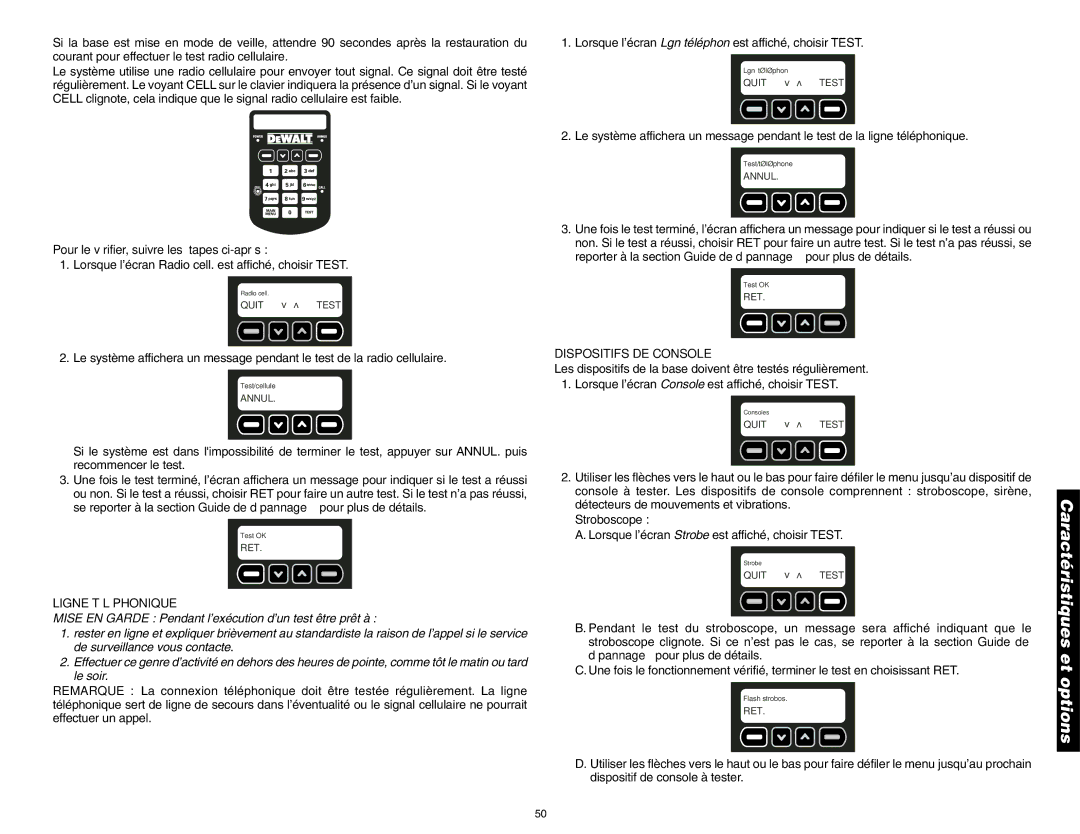 DeWalt DS100, DS200 Pour le vérifier, suivre les étapes ci-après, Ligne Téléphonique, Dispositifs DE Console, Stroboscope 