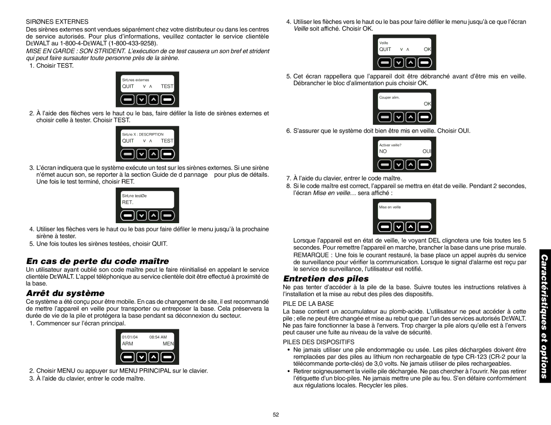 DeWalt DS100, DS200 instruction manual En cas de perte du code maître, Arrêt du système, Entretien des piles 