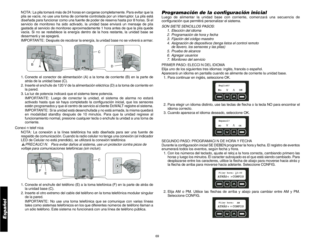 DeWalt DS200, DS100 Programación de la configuración inicial, Conexión telefónica, Primer Paso Elección DEL Idioma 