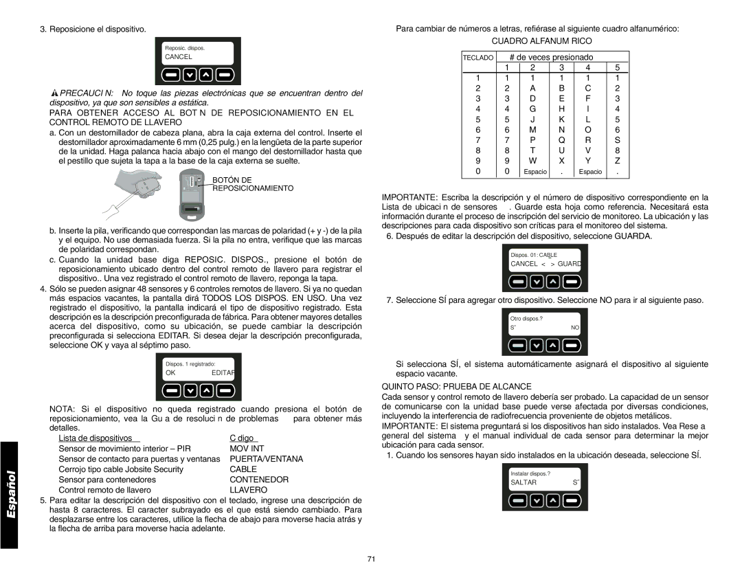 DeWalt DS200 Lista de dispositivos Código, Cuadro Alfanumérico, # de veces presionado, Quinto Paso Prueba DE Alcance 