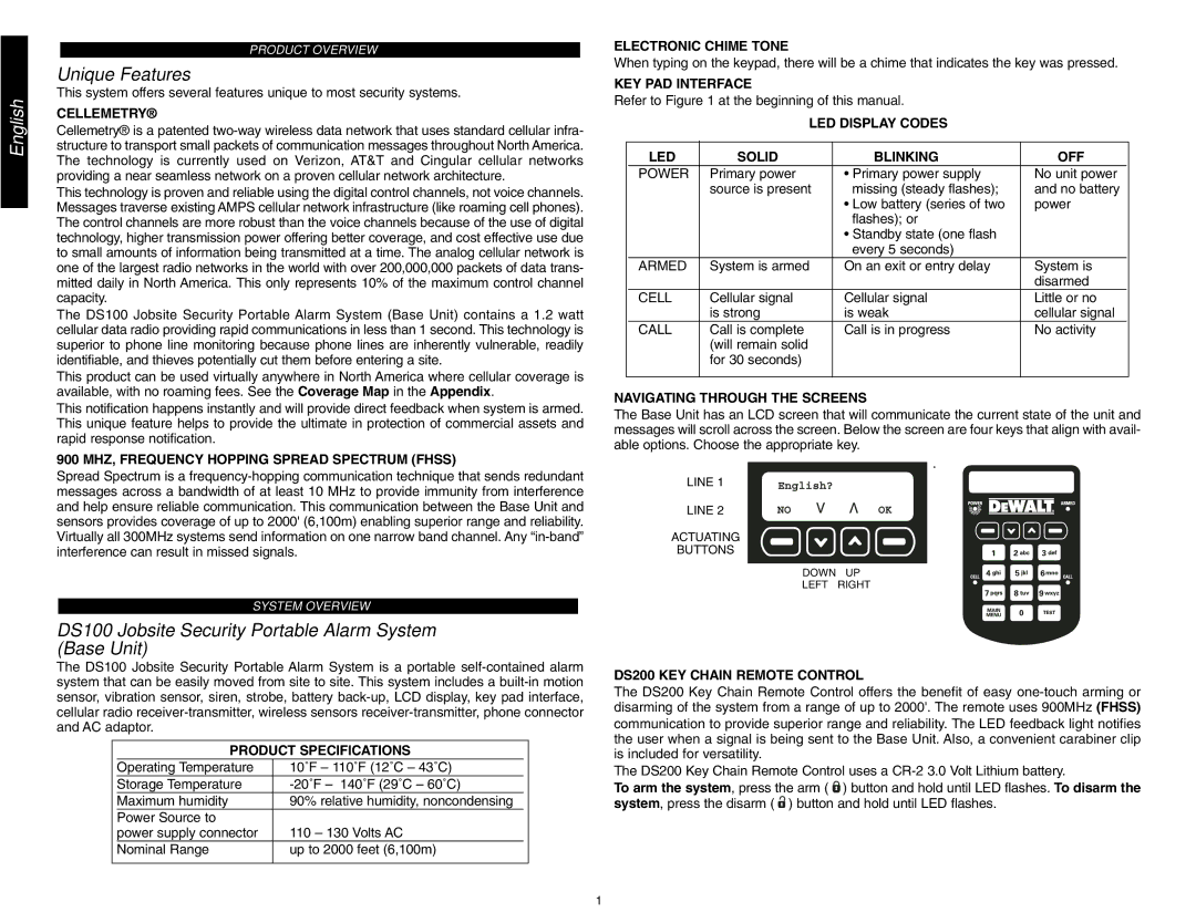 DeWalt DS200 instruction manual Unique Features, DS100 Jobsite Security Portable Alarm System Base Unit 