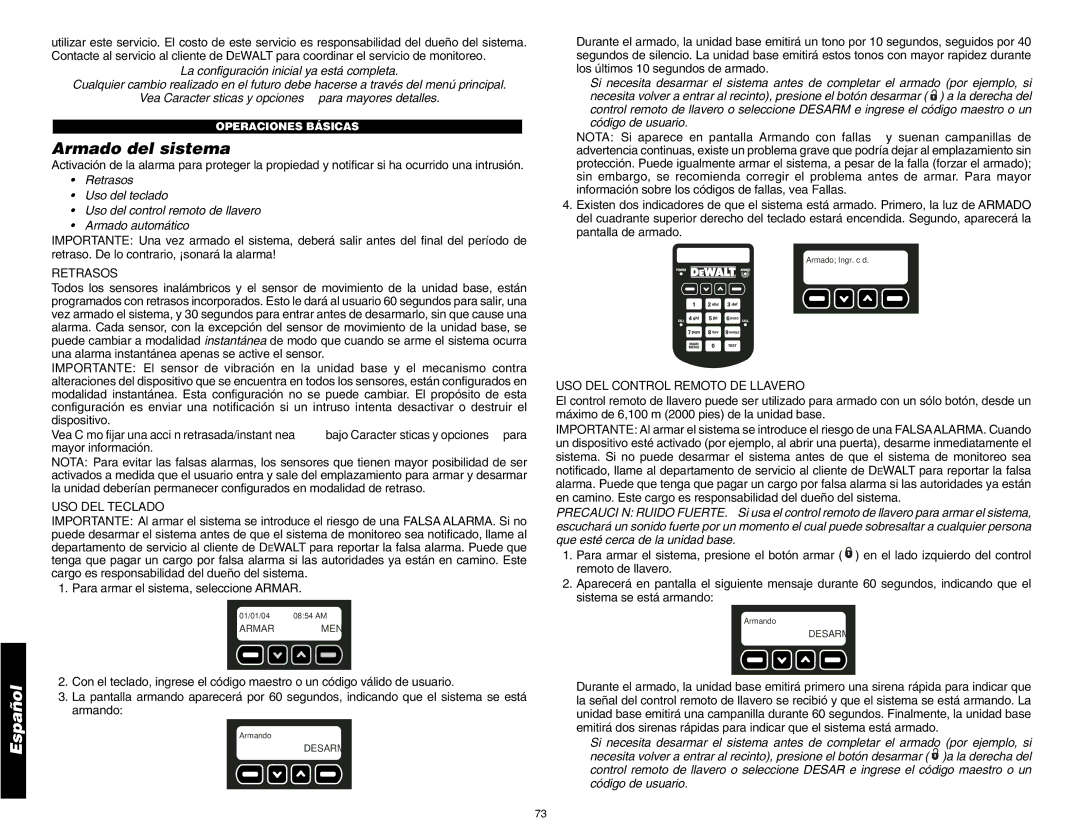 DeWalt DS200, DS100 instruction manual Armado del sistema, Retrasos, USO DEL Teclado, USO DEL Control Remoto DE Llavero 