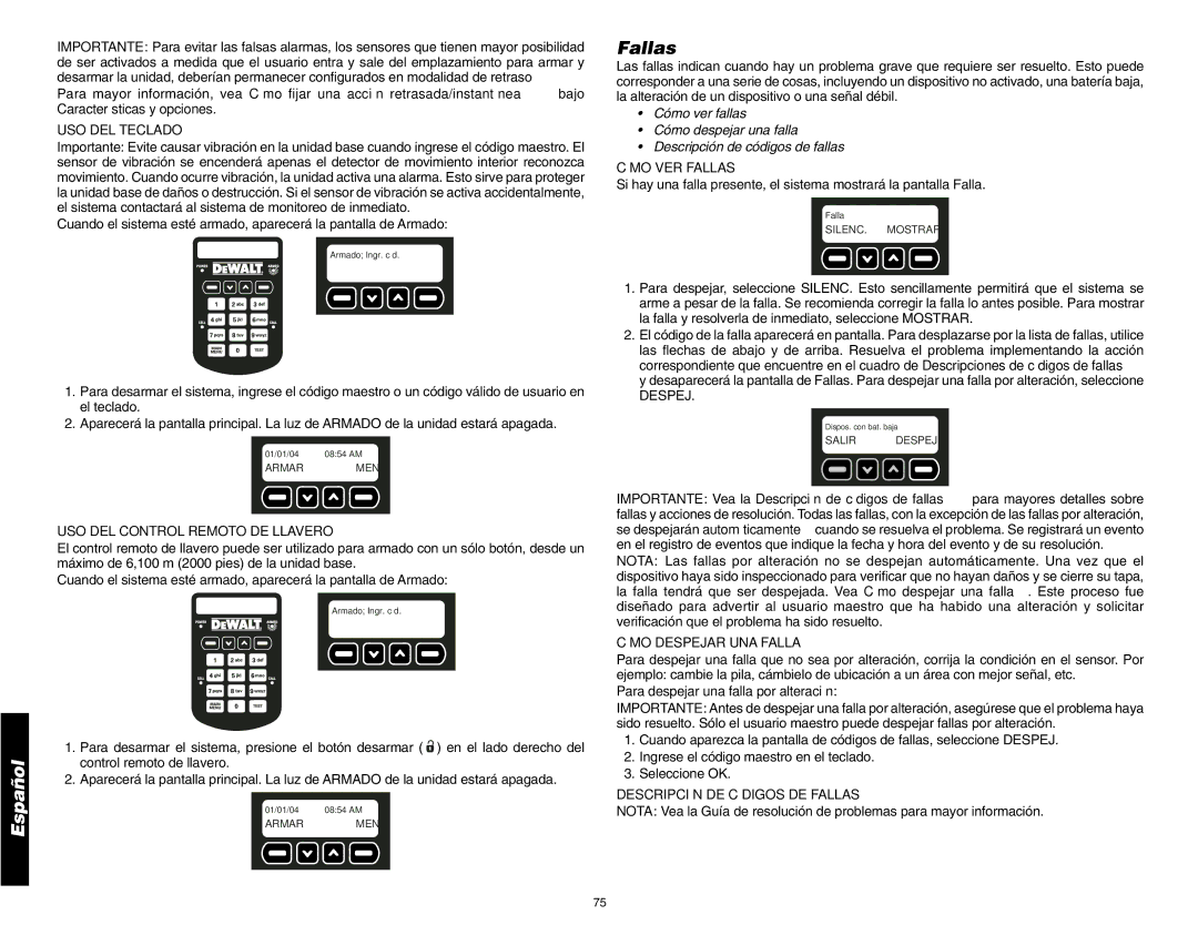 DeWalt DS200, DS100 instruction manual Cómo VER Fallas, Cómo Despejar UNA Falla, Para despejar una falla por alteración 