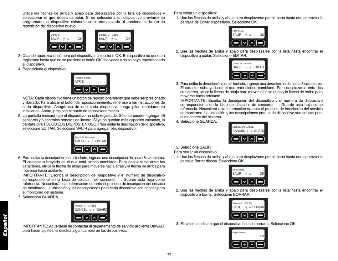 DeWalt DS200, DS100 instruction manual Para editar un dispositivo, Para borrar un dispositivo 