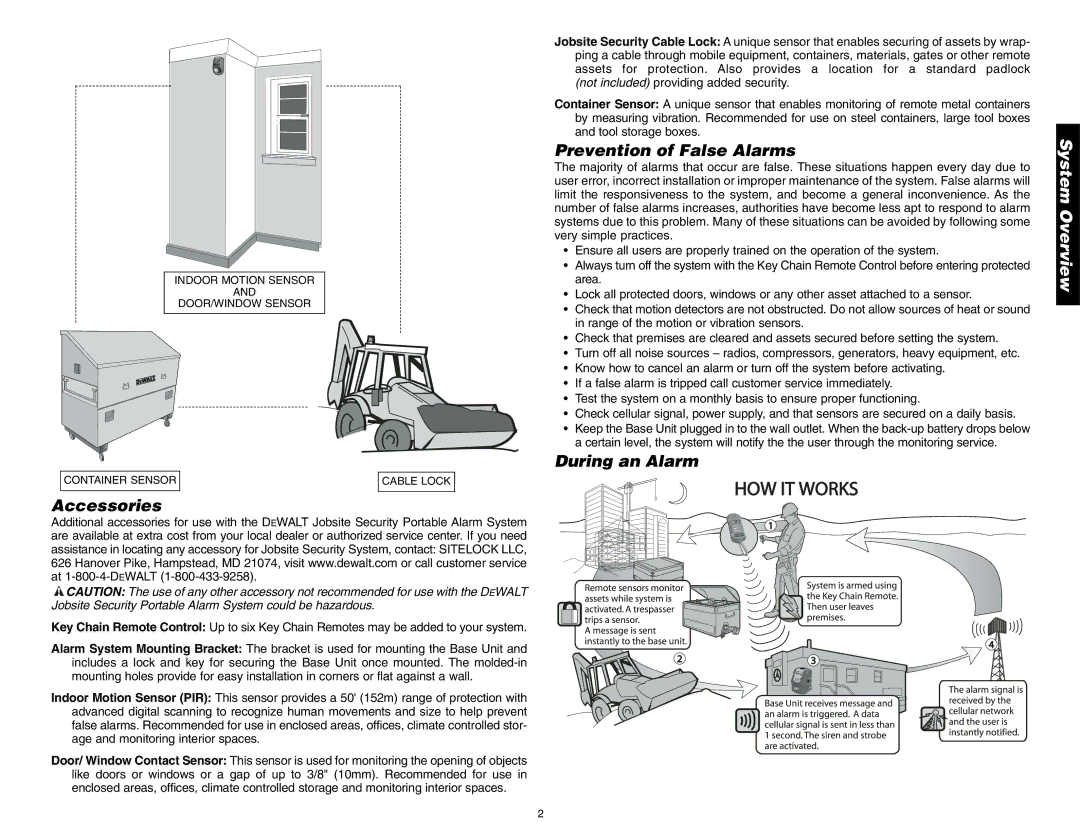 DeWalt DS100, DS200 instruction manual Accessories, Prevention of False Alarms, During an Alarm 