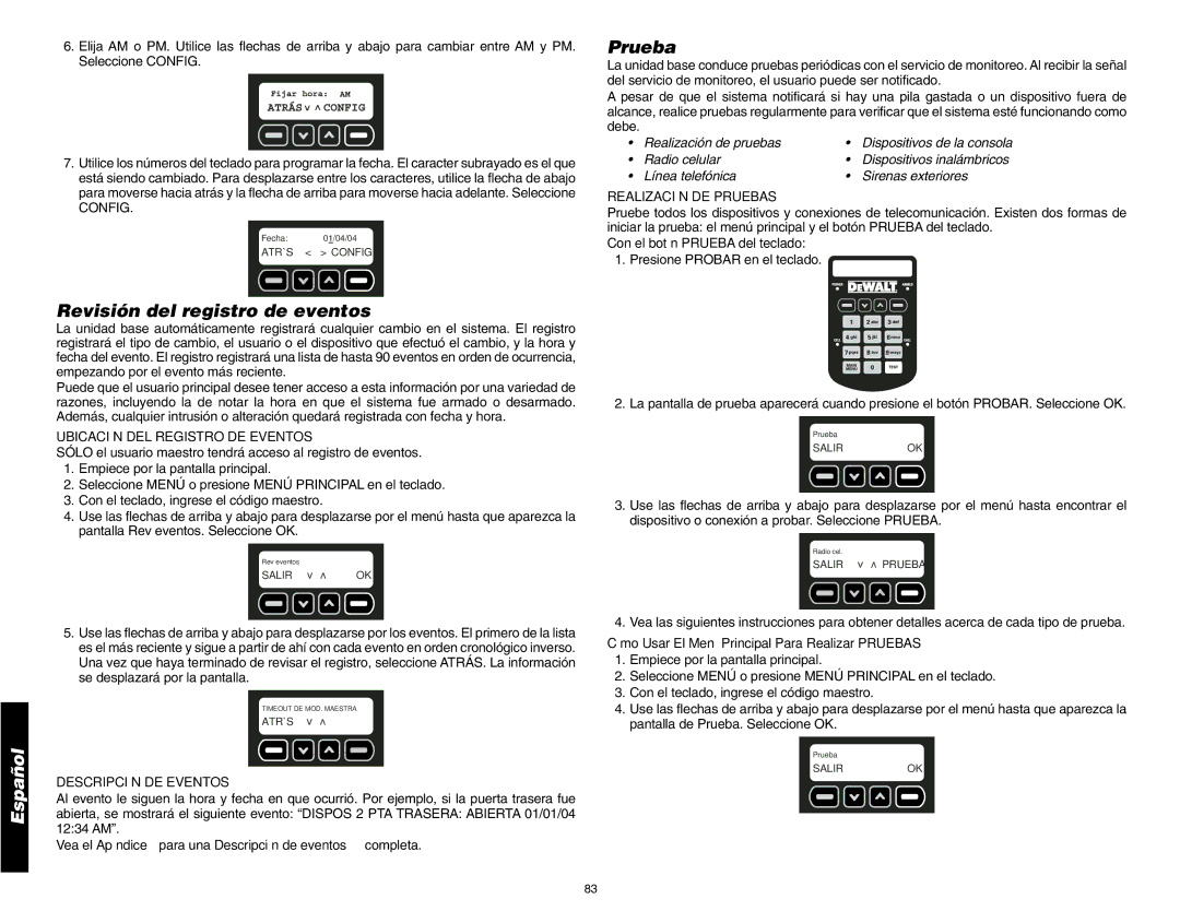 DeWalt DS200, DS100 Revisión del registro de eventos, Prueba, Ubicación DEL Registro DE Eventos, Descripción DE Eventos 