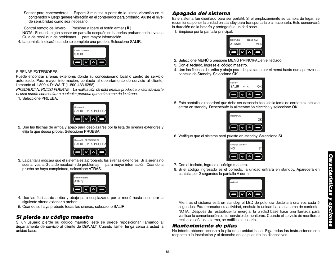 DeWalt DS100, DS200 Si pierde su código maestro, Apagado del sistema, Mantenimiento de pilas, Sirenas Exteriores 