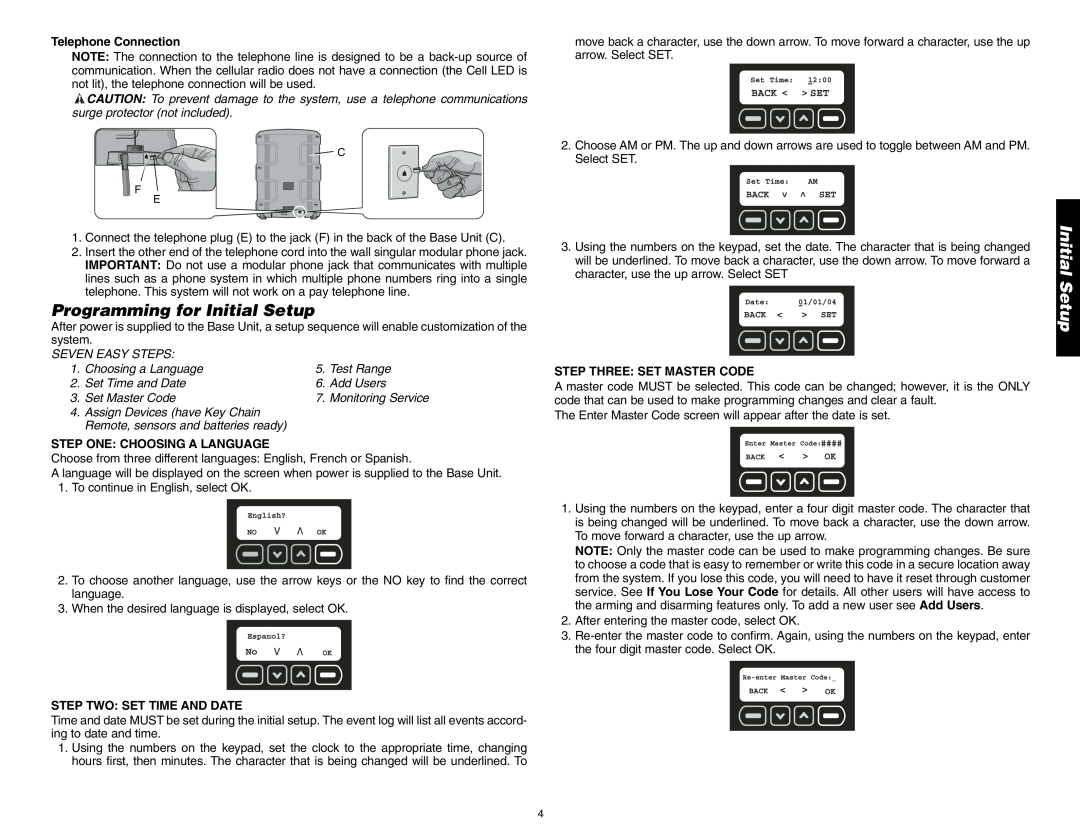 DeWalt DS100, DS200 instruction manual Programming for Initial Setup, Telephone Connection, Step One: Choosing A Language 