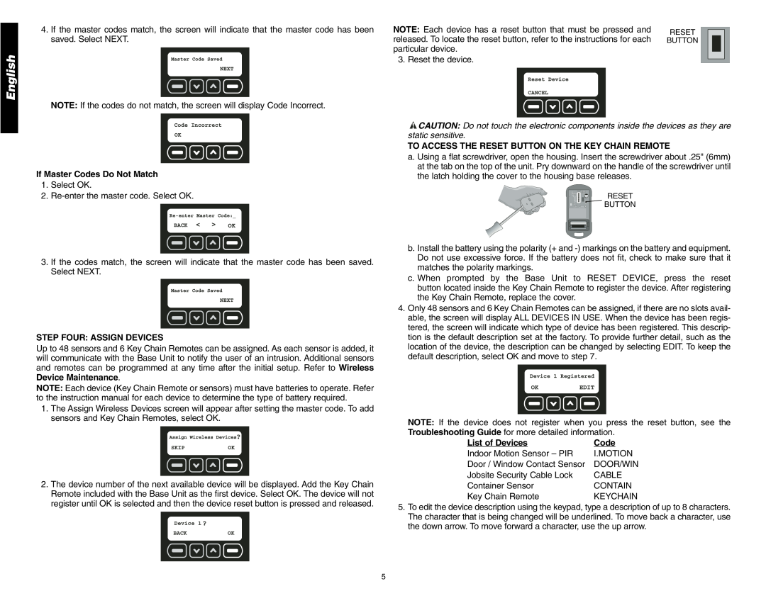 DeWalt DS200, DS100 instruction manual If Master Codes Do Not Match, Step Four: Assign Devices, List of Devices, English 
