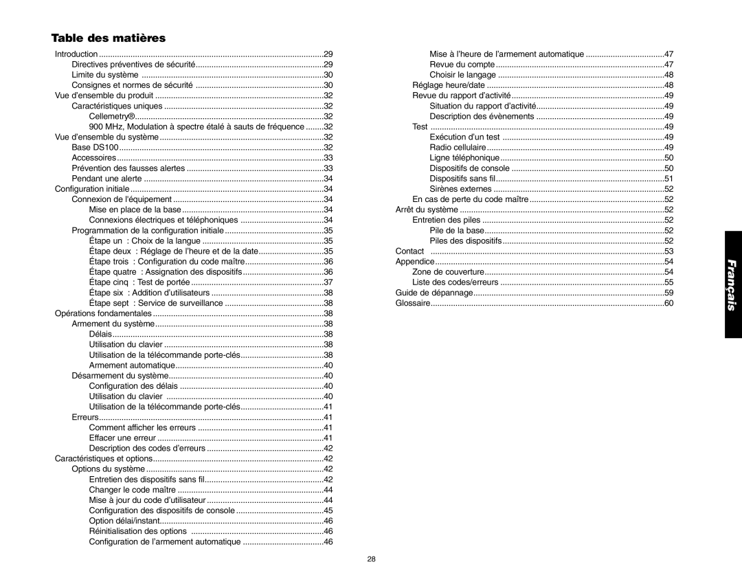 DeWalt DS100, DS200 instruction manual Table des matières, Français 