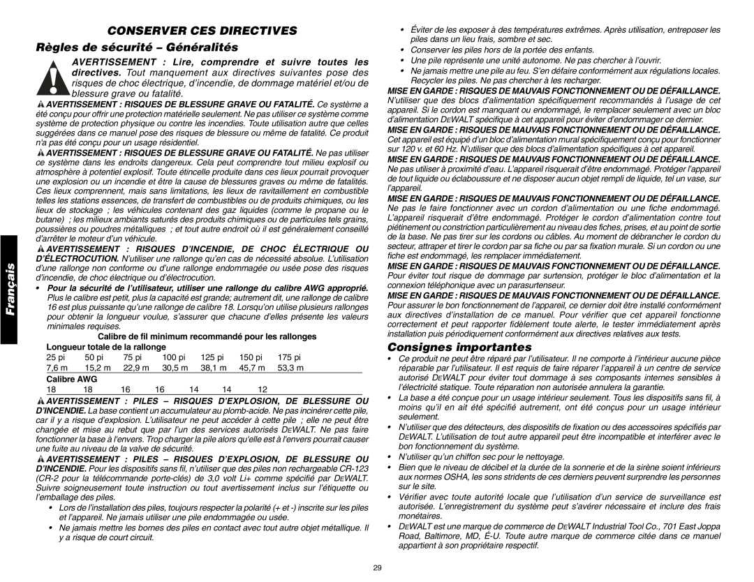 DeWalt DS200 Conserver Ces Directives, Règles de sécurité – Généralités, Consignes importantes, Calibre AWG, Français 