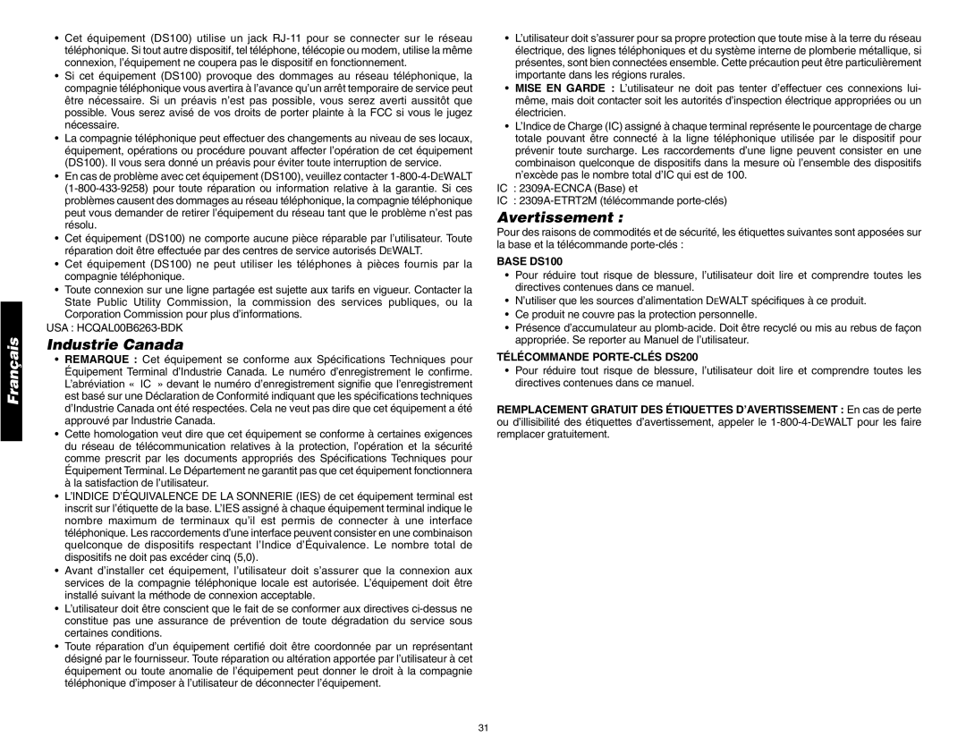 DeWalt instruction manual Industrie Canada, Avertissement, BASE DS100, TÉLÉCOMMANDE PORTE-CLÉSDS200, Français 