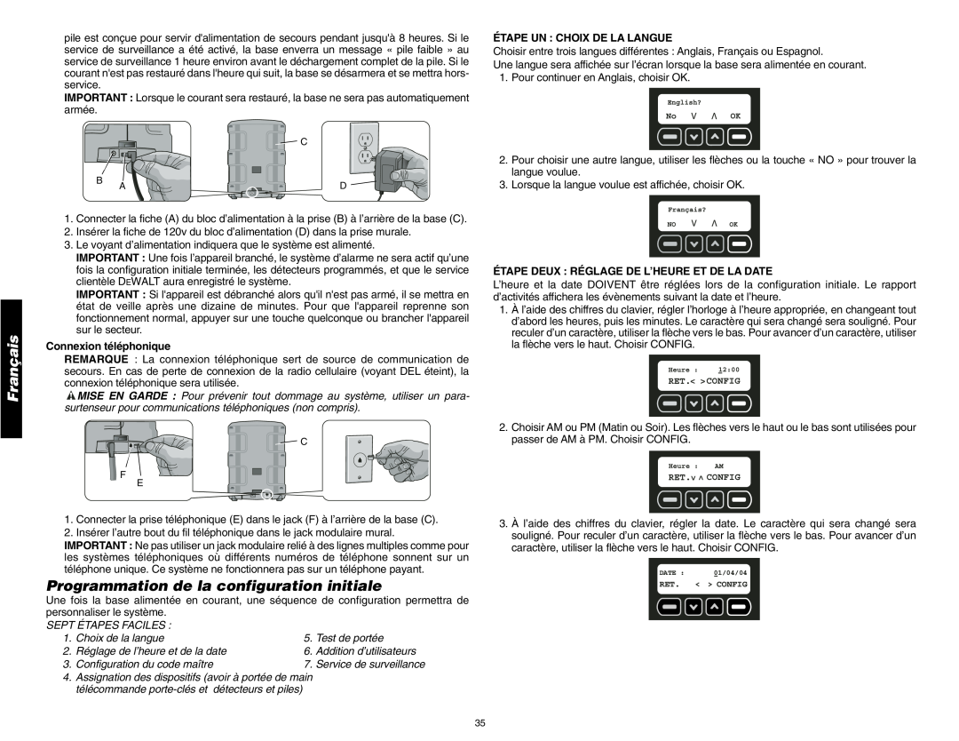 DeWalt DS200 Programmation de la configuration initiale, Connexion téléphonique, Étape Un : Choix De La Langue, Français 