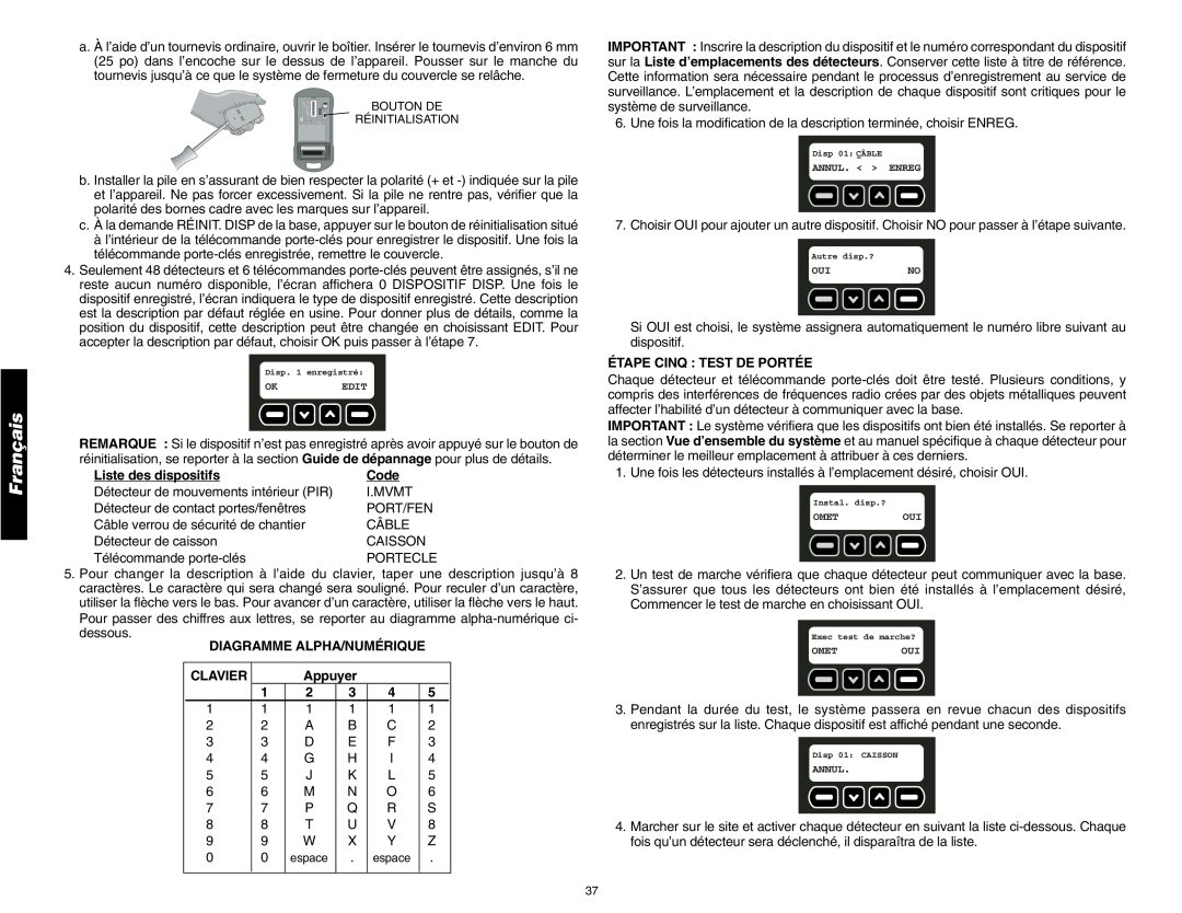 DeWalt DS200 Liste des dispositifs, Diagramme Alpha/Numérique, Clavier, Appuyer, Étape Cinq Test De Portée, Français, Code 