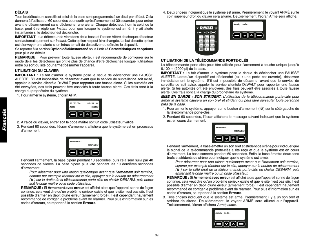 DeWalt DS200, DS100 instruction manual Délais, Utilisation Du Clavier, Utilisation De La Télécommande Porte-Clés, Français 