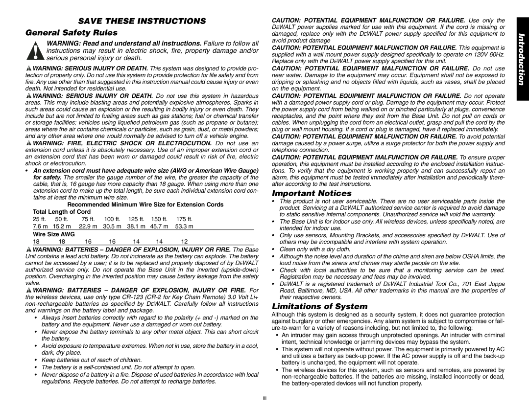 DeWalt DS100, DS200 SAVE THESE INSTRUCTIONS General Safety Rules, Important Notices, Limitations of System, Introduction 